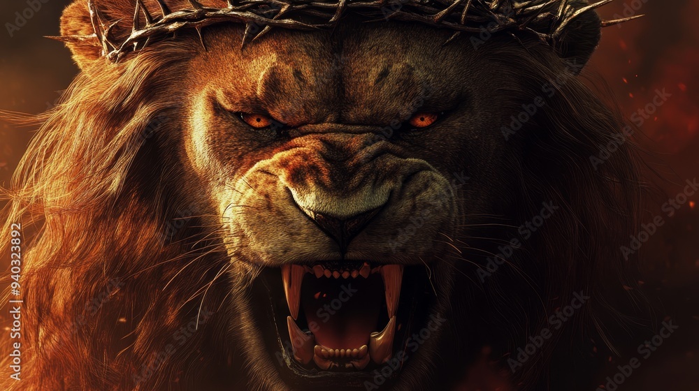 Naklejka premium A powerful and majestic lion with a crown of thorns roars ferociously, symbolizing strength, leadership, and sacrifice. The intense gaze and open mouth showcase raw power and unwavering determination