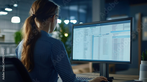 A professional insurance claims analyst diligently works on a computer, analyzing data and assessing liability for insurance claims. The image captures the detail-oriented nature of the job, the use o photo