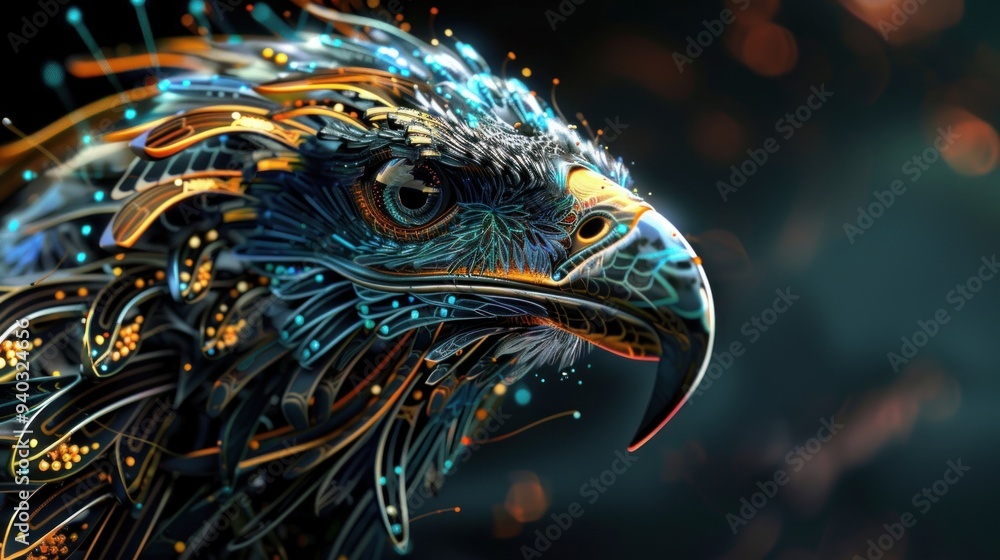 Fototapeta premium Futuristic cyborg eagle in cyberpunk style with Generative AI Technology.