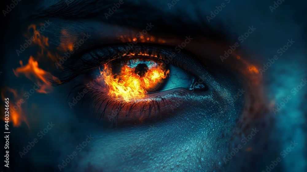 Close-up of two eyes with flames burning in the pupils, intense gaze, double exposure technique, dark dramatic lighting, fire background, high contrast, realistic detail Close-up of two eyes with flames burning in the pupils, intense gaze, double exposure technique, dark dramatic lighting, fire background, high contrast, realistic detail