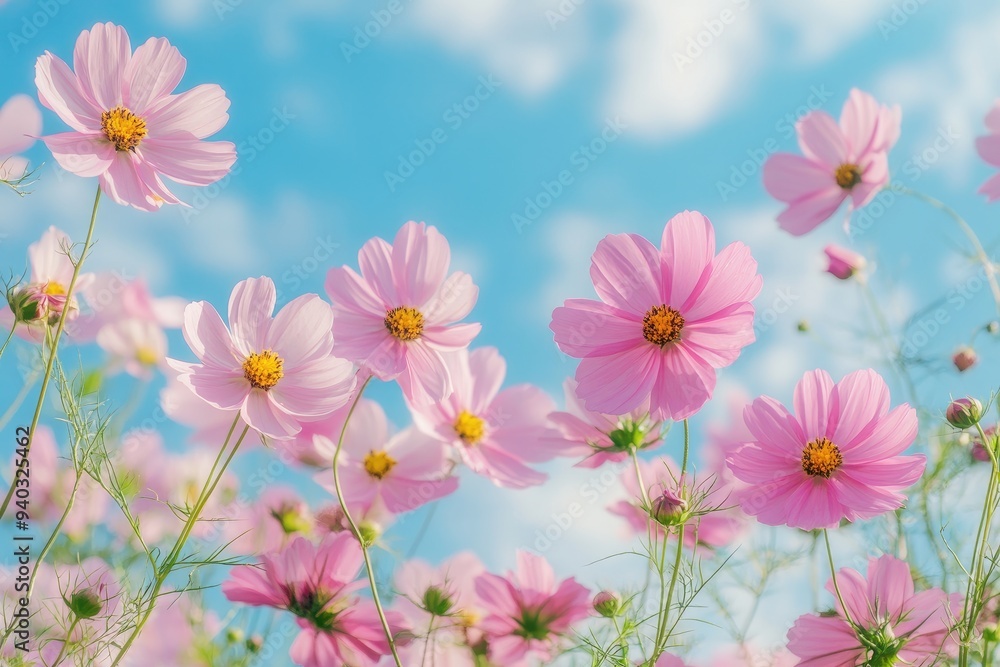 Closeup of pink Cosmos flower with blue sky under sunlight with copy space background natural green plants landscape, ecology wallpaper cover page concept, ai Closeup of pink Cosmos flower with blue sky under sunlight with copy space background natural green plants landscape, ecology wallpaper cover page concept, ai
