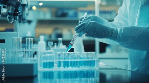 A scientist in a lab coat and gloves carefully uses a syringe to transfer liquid into a test tube. The blue liquid represents the potential for medical breakthroughs, while the lab setting underscore