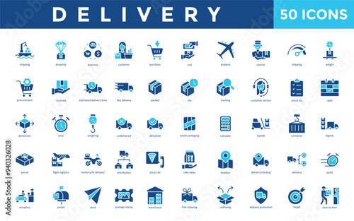 Delivery icon set with shipping, dropship, business, customer, purchase, cod, airplane, courier, weight, procurement icon. Simple flat vector 
