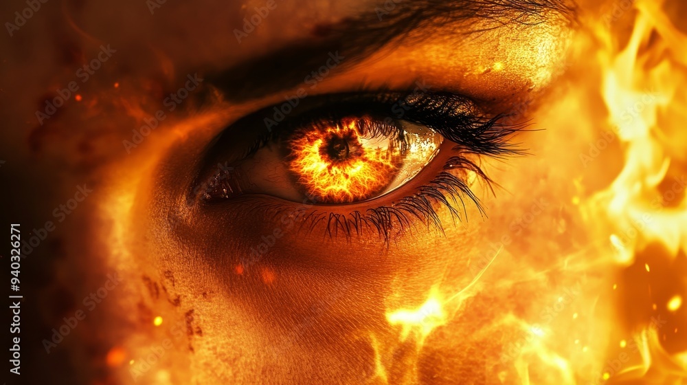 Fiery inferno behind two eyes in double exposure, intense gaze reflecting the flames, powerful and dramatic atmosphere, capturing the heat and energy Fiery inferno behind two eyes in double exposure, intense gaze reflecting the flames, powerful and dramatic atmosphere, capturing the heat and energy