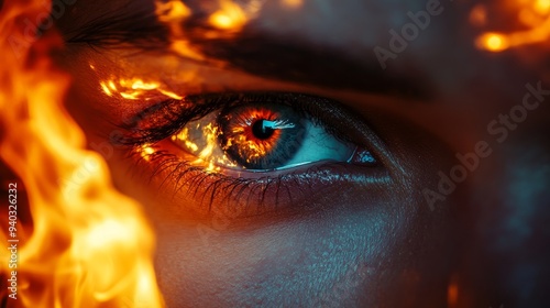 Fiery inferno behind two eyes in double exposure, intense gaze reflecting the flames, powerful and dramatic atmosphere, capturing the heat and energy