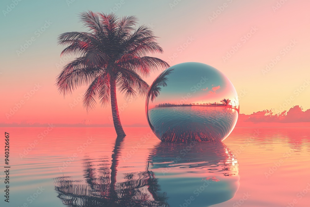 Surreal sunset landscape with palm tree and reflective sphere Surreal sunset landscape with palm tree and reflective sphere