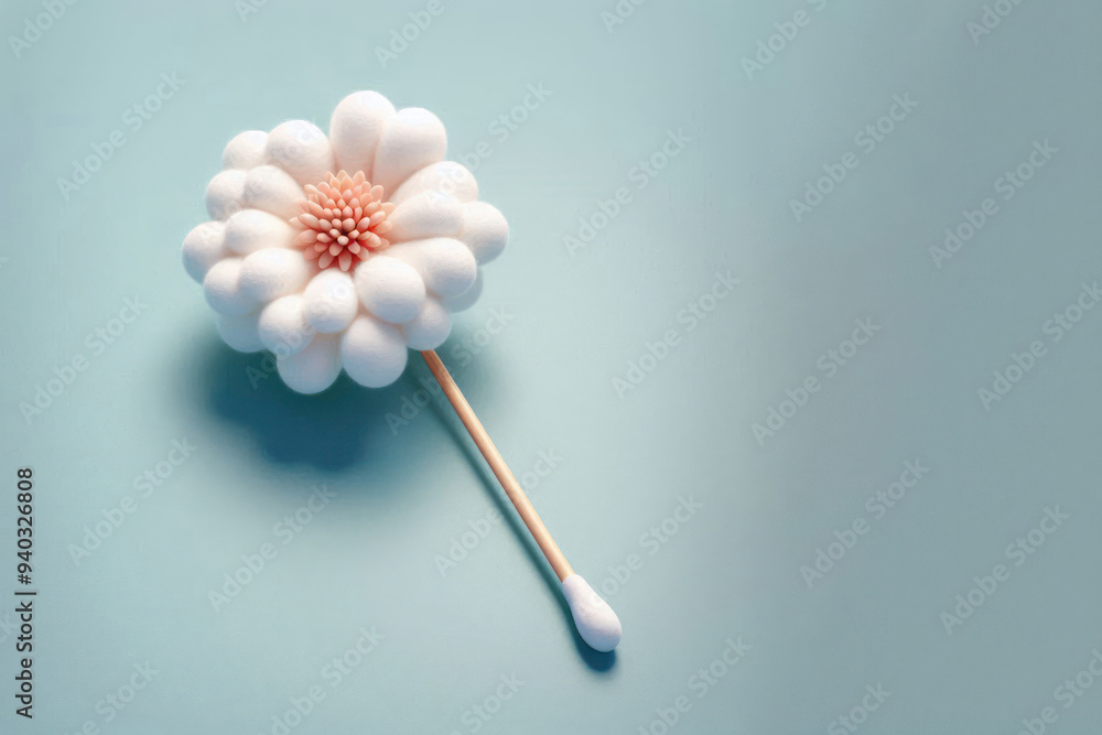 A flower at the end of a cotton swab. Space for text. A flower at the end of a cotton swab. Space for text.