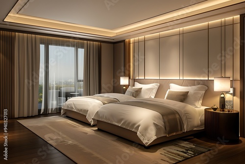 Hotel bedroom interior with two beds