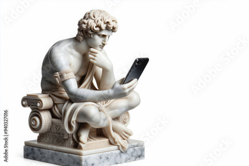 Statue holding a smartphone in her hands. Space for text. photo