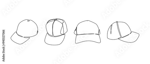 Set collection of baseball cap, trucker cap. Editable line. Vector illustration.