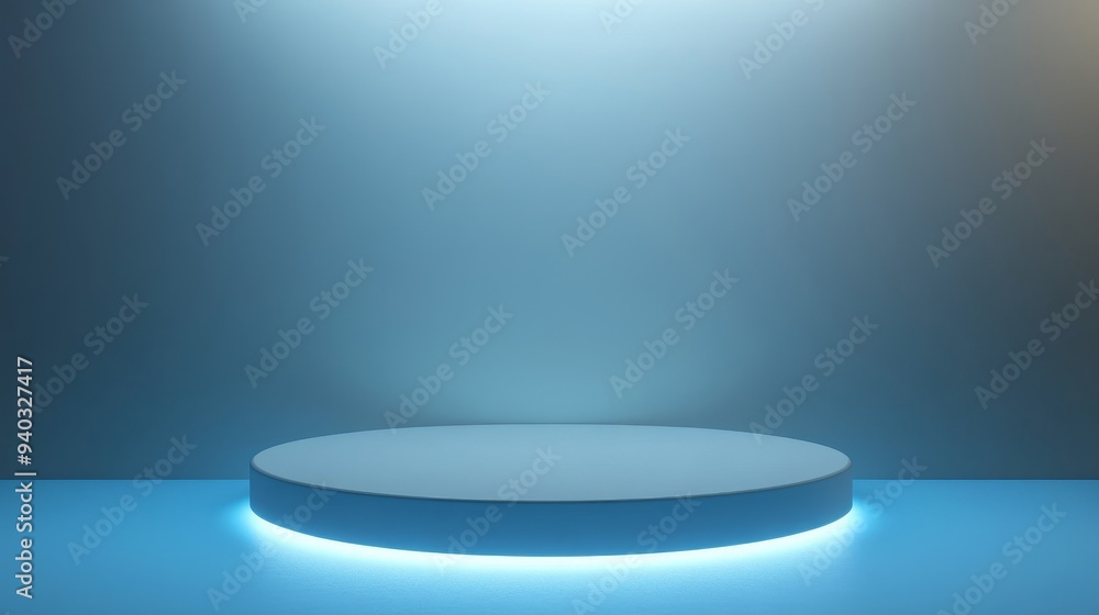 A simple yet elegant 3D podium with a soft blue light, perfect for showcasing products, branding, or showcasing your latest creations. The minimalist design allows for the product to take center stage A simple yet elegant 3D podium with a soft blue light, perfect for showcasing products, branding, or showcasing your latest creations. The minimalist design allows for the product to take center stage