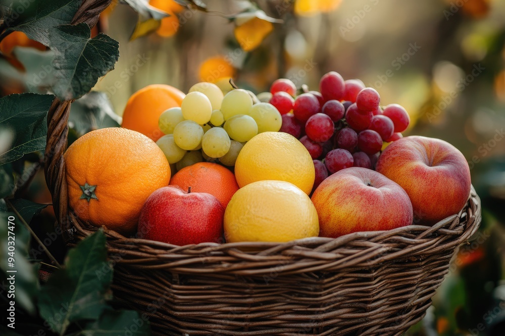 Wicker Basket Filled with Assortment of Fresh Fruit Wicker Basket Filled with Assortment of Fresh Fruit