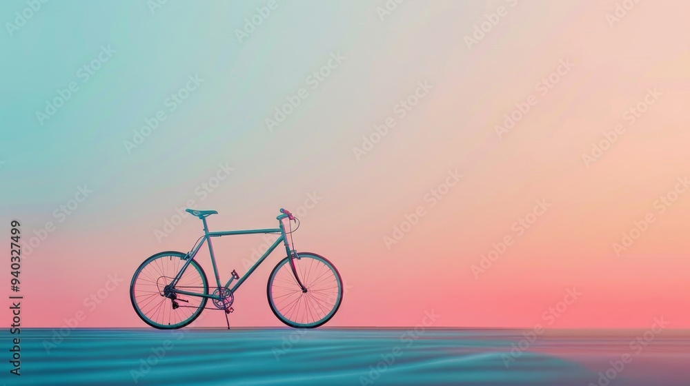 Fototapeta premium A single bicycle stands silhouetted against a colorful sunset, evoking feelings of freedom, adventure, and the simple joys of nature. The minimalist composition emphasizes the bike's sleek design and 