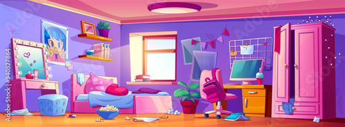 Messy teen girl bedroom interior. Vector cartoon illustration room with pink furniture, popcorn and paper scattered on floor, computer on desk, cosmetics on mirror table, books on shelf, wall poster