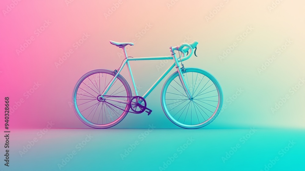 Obraz premium A sleek white bicycle stands on a colorful gradient background, symbolizing speed, freedom, and minimalist design. The vibrant colors create a modern and dynamic aesthetic.