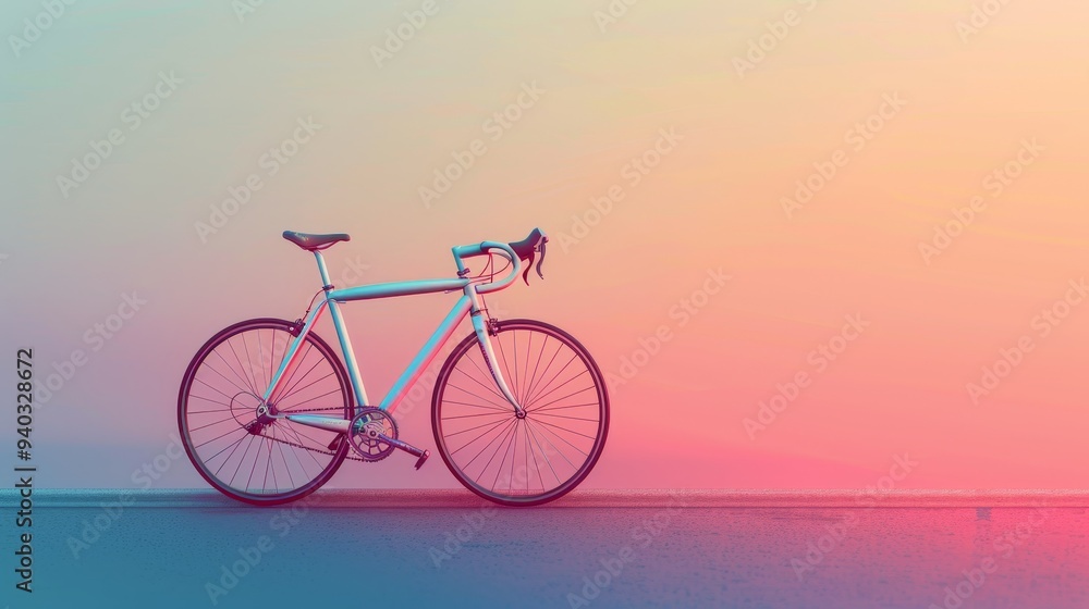 A sleek, white bicycle stands in profile against a wall bathed in a soft, pastel gradient of pink, orange, and yellow. The simplicity of the image evokes a sense of peace, freedom, and the joy of move A sleek, white bicycle stands in profile against a wall bathed in a soft, pastel gradient of pink, orange, and yellow. The simplicity of the image evokes a sense of peace, freedom, and the joy of move