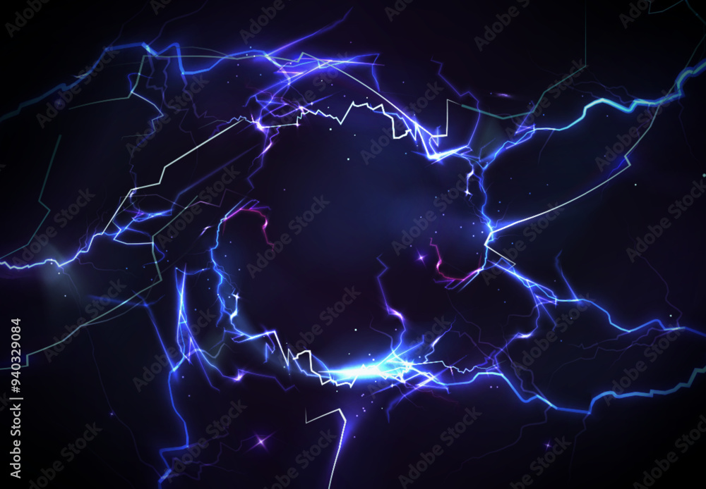 Blue thunder bolt light and electric energy discharge in form of circle on black background. Realistic 3d vector illustration round frame from storm lightning power effect. Thunderbolt strike border.