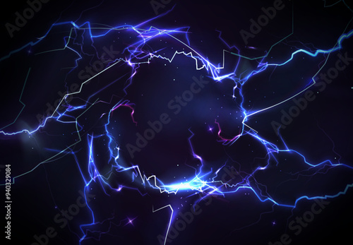 Blue thunder bolt light and electric energy discharge in form of circle on black background. Realistic 3d vector illustration round frame from storm lightning power effect. Thunderbolt strike border.