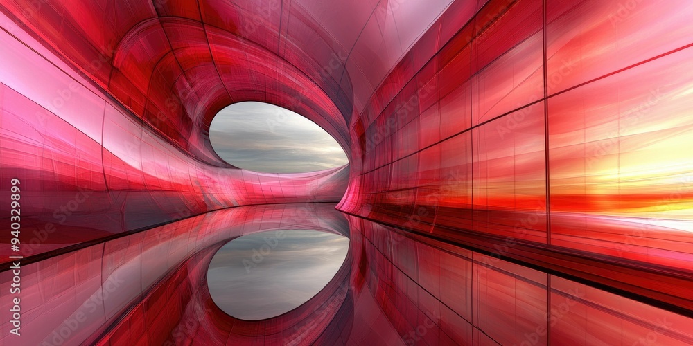 Obraz premium Abstract Architecture: Red Curved Walls with Sky Reflection
