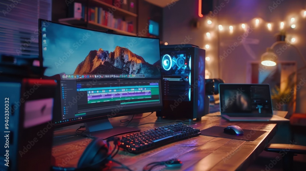 Freelance desk setup featuring laptop and monitor for video editing and content review, modern workspace with essential equipment for creative professionals Freelance desk setup featuring laptop and monitor for video editing and content review, modern workspace with essential equipment for creative professionals