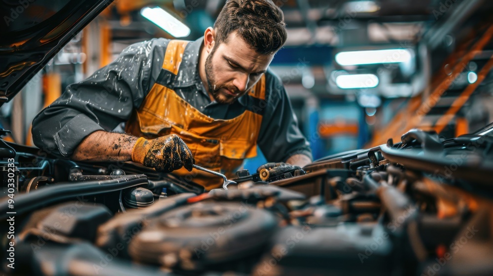 Car Mechanic: Dressed in a grease-stained jumpsuit, he adjusts the engine with a wrench under the car hood, his expression serious and focused on the repair task.
Car Mechanic: Dressed in a grease-stained jumpsuit, he adjusts the engine with a wrench under the car hood, his expression serious and focused on the repair task.
