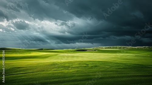 A tranquil golf course stretches out beneath a dramatic stormy sky, showcasing the contrast between nature's power and peaceful beauty. Sunbeams pierce through the dark clouds, illuminating the lush g