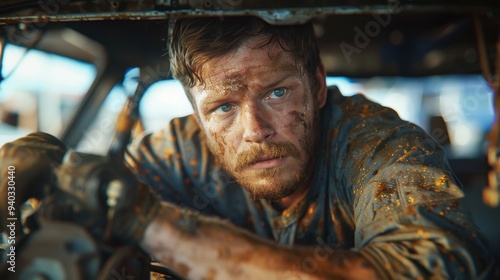 Engine Repair: Wearing a grease-stained jumpsuit, he leans under the hood, turning a wrench with precision, his face serious as he focuses on the engine repair. 