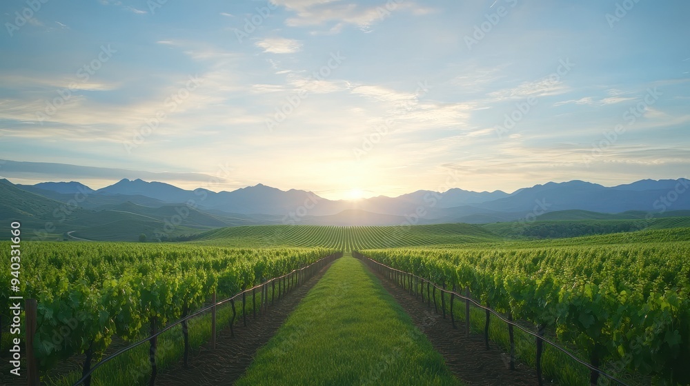 Fototapeta premium A beautiful, sunlit vineyard with a long row of vines