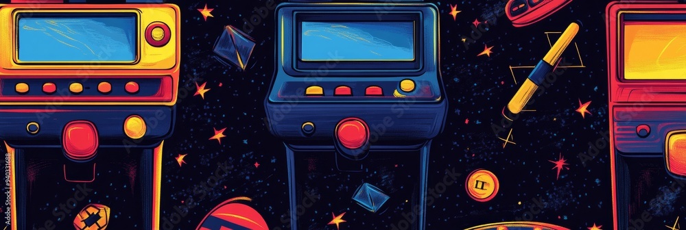 A vibrant illustration of three retro arcade game machines set against ...