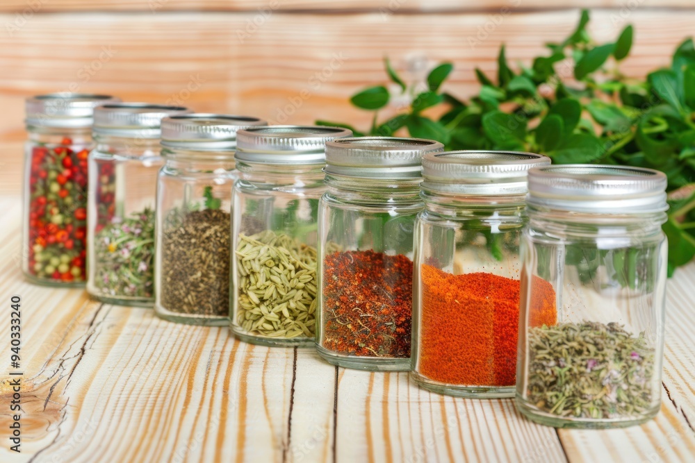 Glass jars filled with various spices neatly arranged on a wooden table. Kitchen organization and cooking concept. Glass jars filled with various spices neatly arranged on a wooden table. Kitchen organization and cooking concept.
