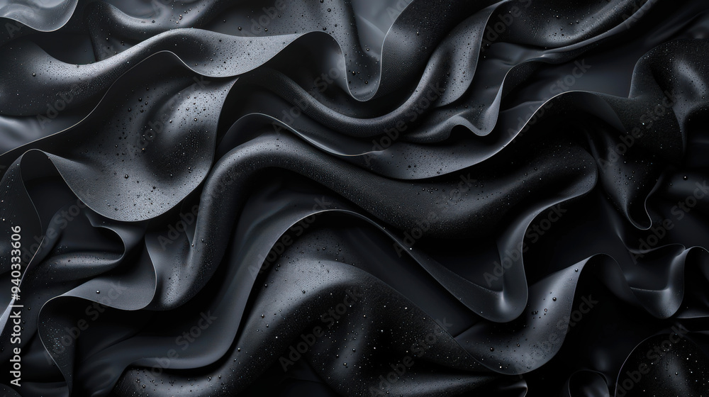 Fototapeta premium Luxurious sensual black background. An abstract surface of black fabric with many folds. Soft flowing elegant wallpaper