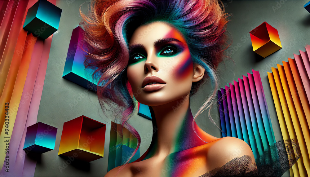 Fototapeta premium A striking, high-fashion portrait of a woman with vibrant hair styled in an avant-garde, voluminous fashion