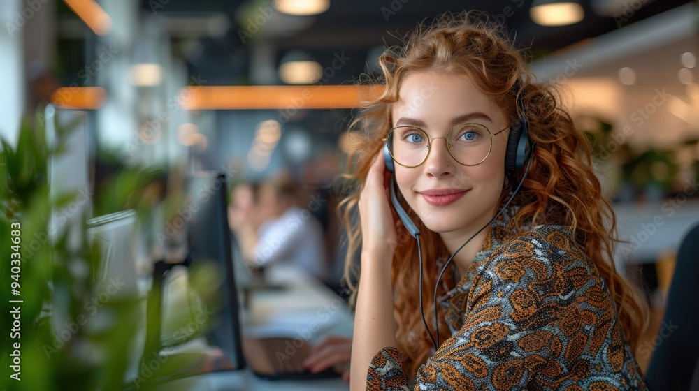 Receptionist in Action: At her desk, she uses a headset to answer calls, types swiftly to manage schedules, and greets visitors with a warm, professional smile.
