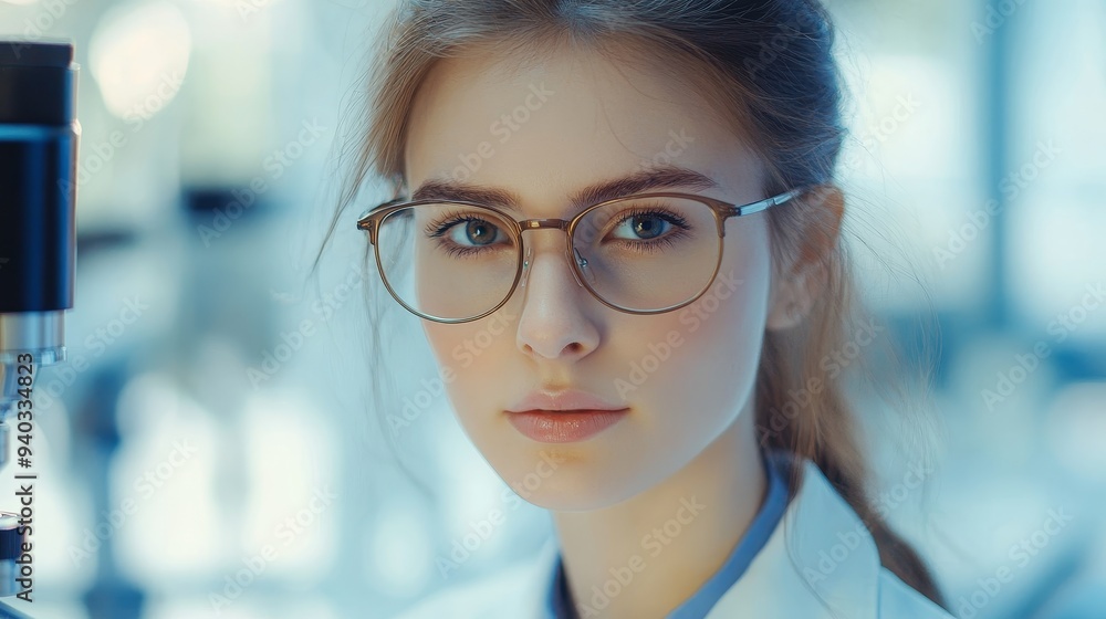 A young woman with a determined look, wearing a lab coat and glasses, symbolizes knowledge, innovation, science, research, and curiosity. A young woman with a determined look, wearing a lab coat and glasses, symbolizes knowledge, innovation, science, research, and curiosity.