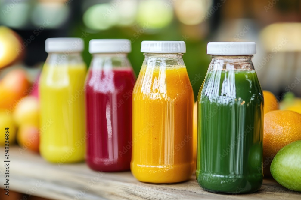 Four Bottles of Colorful Smoothies on a Wooden Surface Four Bottles of Colorful Smoothies on a Wooden Surface