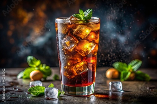 A glass of iced tea with a sprig of mint on top