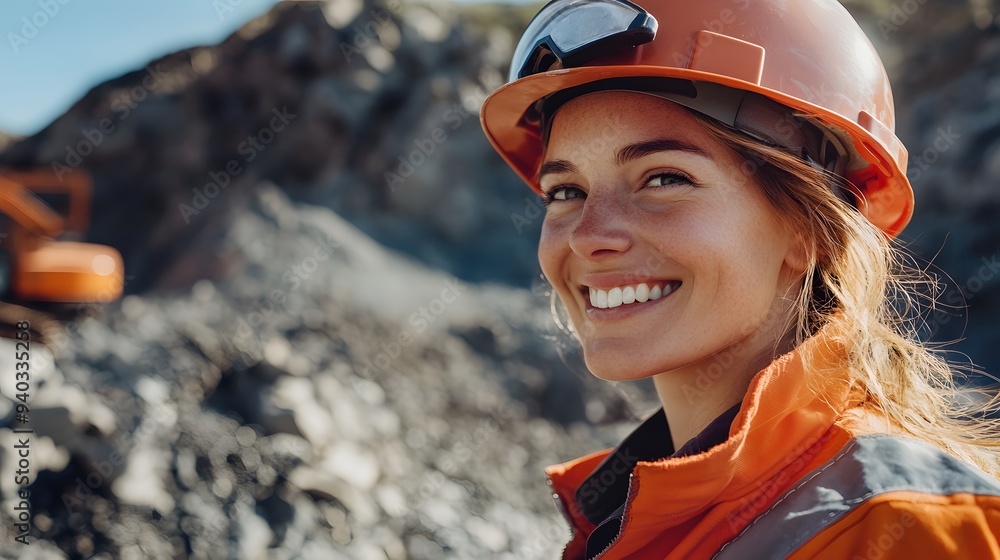 Confident female construction worker at a mountainous excavation site. portrait of a woman in a hard hat, smiling. professional industry employment. Confident female construction worker at a mountainous excavation site. portrait of a woman in a hard hat, smiling. professional industry employment.