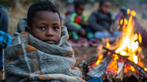 A touching image of a young Black boy wrapped in a warm blanket, sitting around a campfire with other children in a volunteer camp. photo