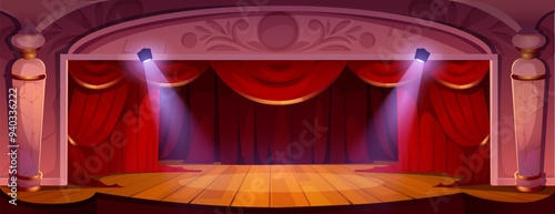 Empty theater stage with red curtains. Vector cartoon illustration of concert scene with wooden floor and luxury velvet drapery, white marble pillars decoration, hall for art shows and performances
