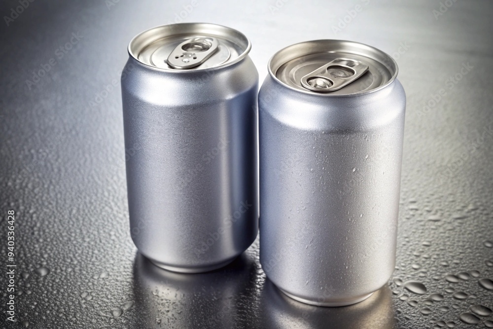 Two cans of soda with condensation on the outside Two cans of soda with condensation on the outside