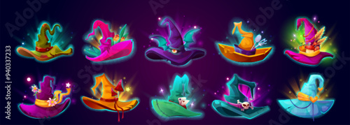 Witch hats set isolated on background. Vector cartoon illustration of wizard head accessories decorated with ribbons and Halloween symbols, creepy mushrooms, bat wings, cards, flowers, fork and spoon