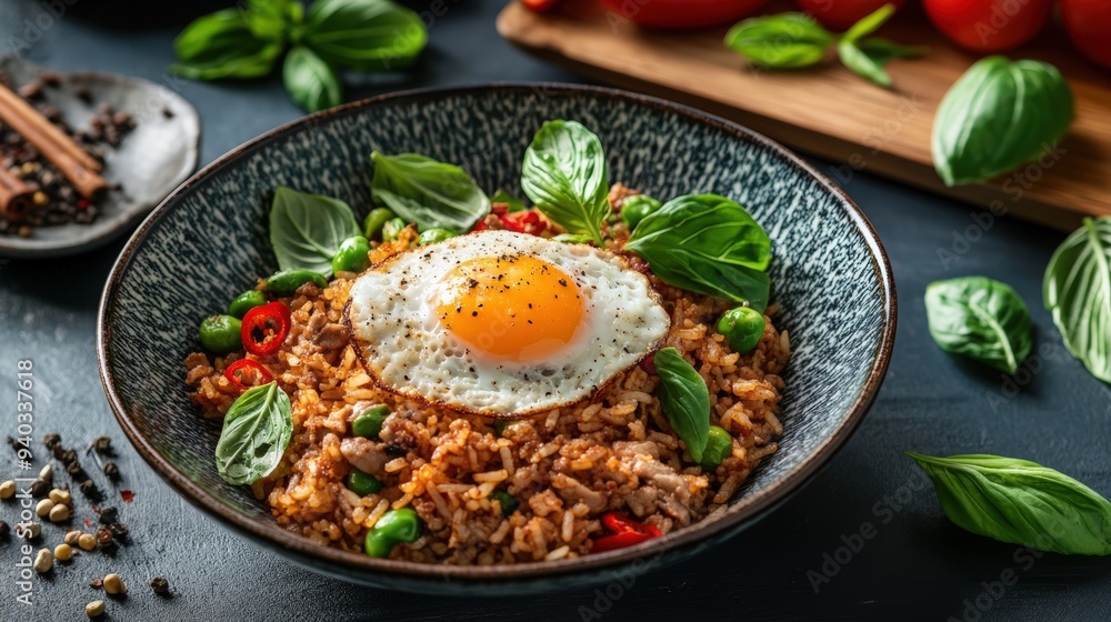 Stir-fried rice with minced pork and basil with a fried egg. Moderately spicy. The dish is beautifully decorated. It looks very delicious and luxurious. Stir-fried rice with minced pork and basil with a fried egg. Moderately spicy. The dish is beautifully decorated. It looks very delicious and luxurious.