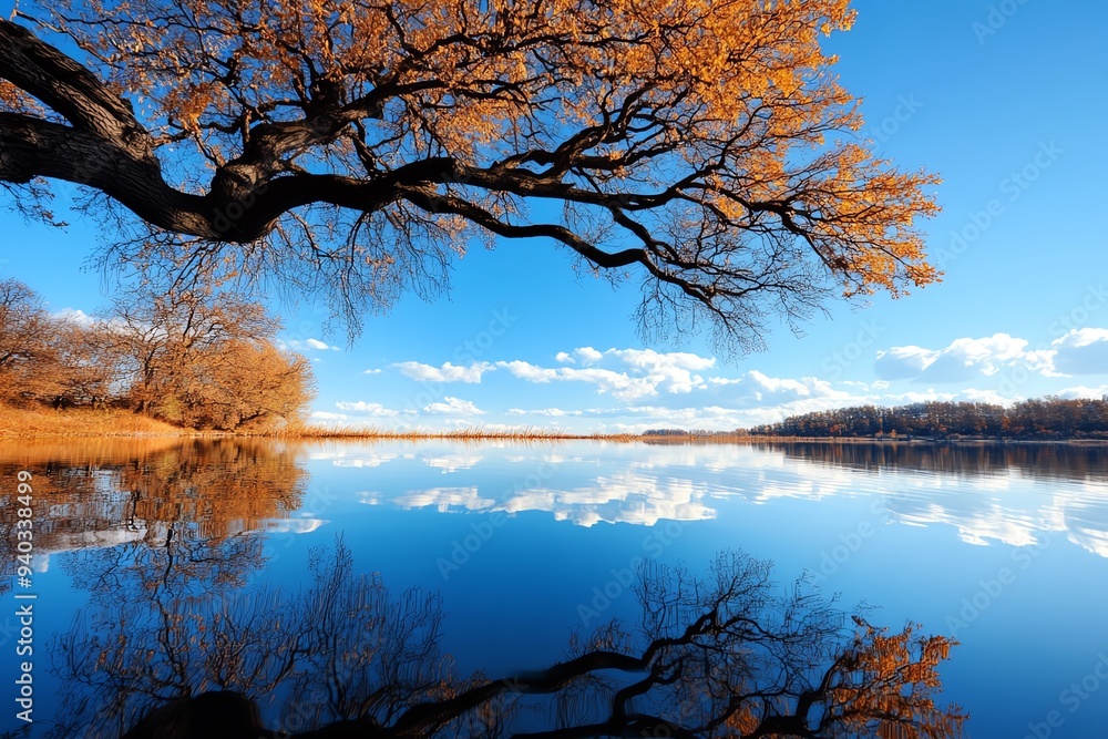 Obraz premium A sad willow tree with its branches gently touching the surface of a still pond, with the sky reflecting in the water