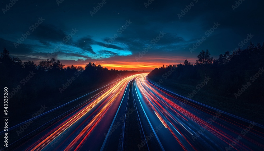 Vibrant nighttime highway scene with light trails against a colorful sunset, capturing the essence of speed and motion. Vibrant nighttime highway scene with light trails against a colorful sunset, capturing the essence of speed and motion.