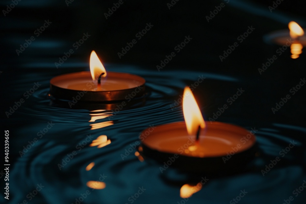 Serene candles float on calm water, creating a peaceful atmosphere with their warm glow and reflections. Serene candles float on calm water, creating a peaceful atmosphere with their warm glow and reflections.