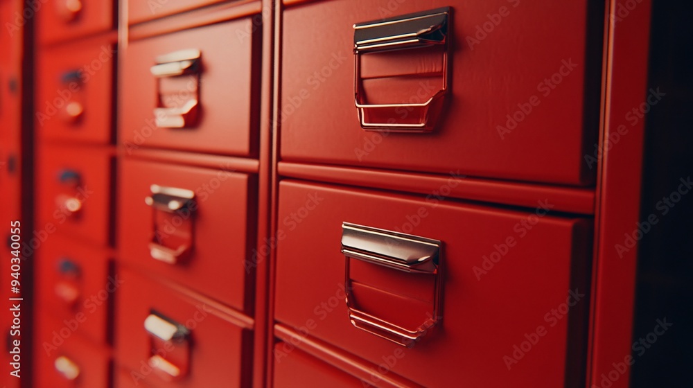 Fototapeta premium Close-up of vibrant red file drawers showcasing sleek handles, perfect for organizing documents with style and efficiency.