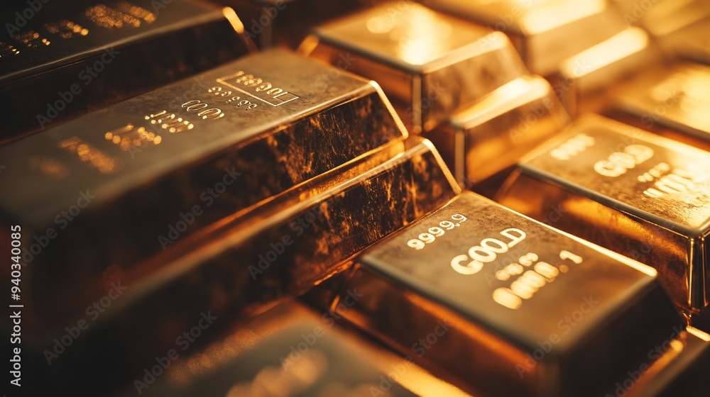 Close-up of shiny gold bars stacked together, symbolizing wealth, investment, and luxury in finance and economy. Close-up of shiny gold bars stacked together, symbolizing wealth, investment, and luxury in finance and economy.