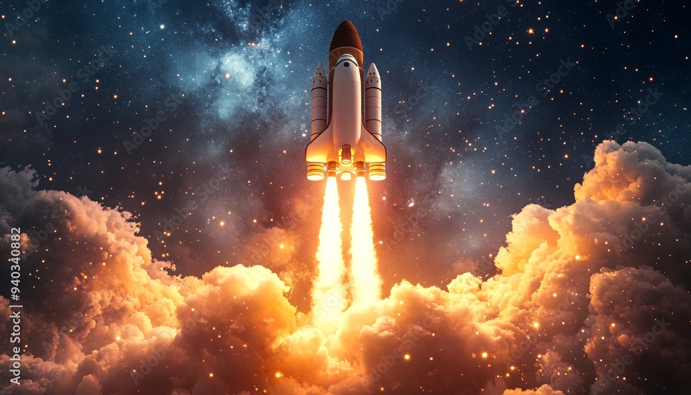 A rocket ascends through a vibrant cloudscape, igniting the cosmos with flames and light, symbolizing space exploration and adventure. A rocket ascends through a vibrant cloudscape, igniting the cosmos with flames and light, symbolizing space exploration and adventure.