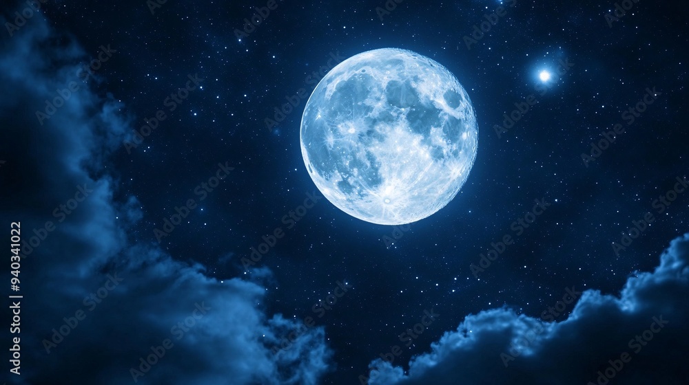A luminous full moon glows brightly among a starry night sky, surrounded by soft clouds, creating a serene, magical atmosphere. A luminous full moon glows brightly among a starry night sky, surrounded by soft clouds, creating a serene, magical atmosphere.
