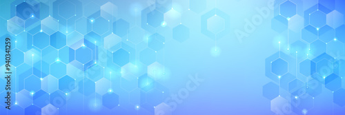 Blue pastel medical and tech background with hexagon pattern and bright sparkles. Realistic vector abstract bg with honeycomb geometric cell texture for medicine and science technology design.